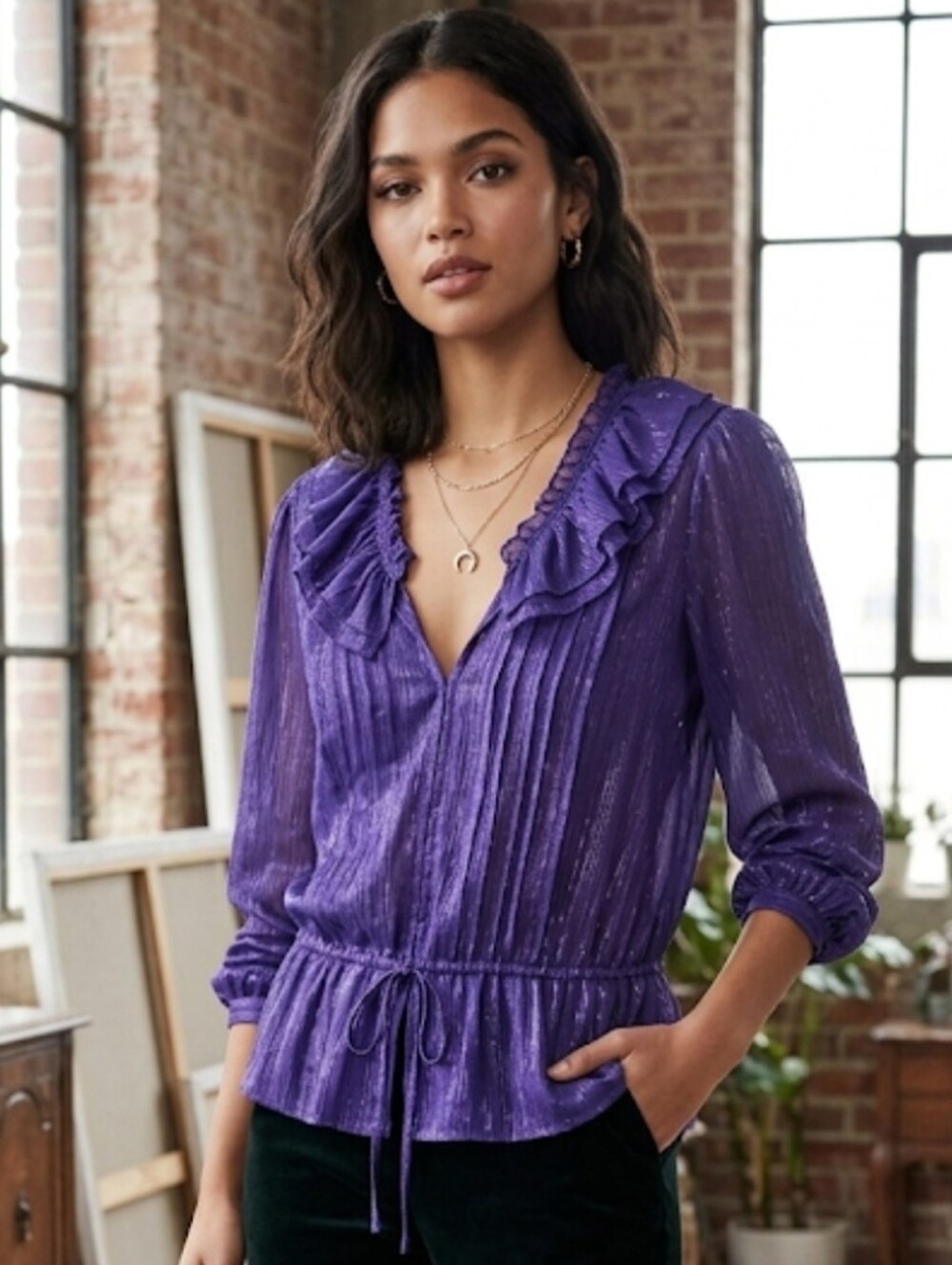 BCBGMaxAzria Purple Shimmer Pleated Top